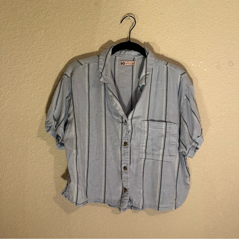 SO Blue Casual Cropped Button Down Shirt with Stripes